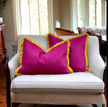 Load image into Gallery viewer, Cerise Wool &amp; Mustard Fringe Cushion

