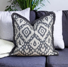 Load image into Gallery viewer, Grey Marrakech Ikat Fringe Cushion
