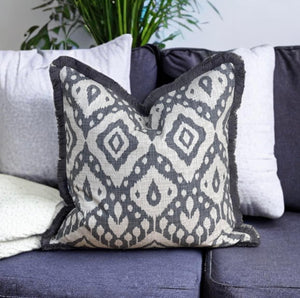 Grey Marrakech Ikat Fringe Cushion