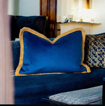 Load image into Gallery viewer, Marine Blue &amp; Mustard Fringe Cushion
