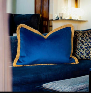 Marine Blue & Mustard Fringe Cushion