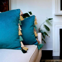 Load image into Gallery viewer, Teal Tassel Cushion
