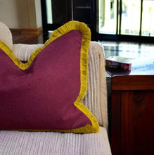 Load image into Gallery viewer, Burgundy Herringbone Wool Mix &amp; Gold Fringe Cushion
