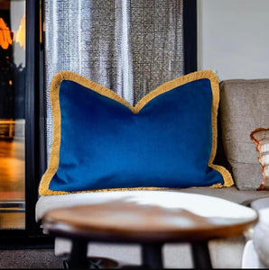 Marine Blue & Mustard Fringe Cushion