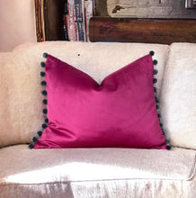 Load image into Gallery viewer, Cerise &amp; Grey Pom Pom Velvet Cushion
