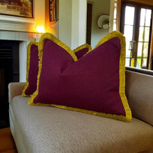 Load image into Gallery viewer, Burgundy Herringbone Wool Mix &amp; Gold Fringe Cushion

