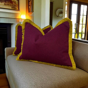 Burgundy Herringbone Wool Mix & Gold Fringe Cushion