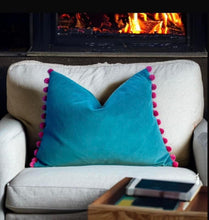 Load image into Gallery viewer, Jade &amp; Pink Pom Pom Velvet Cushion
