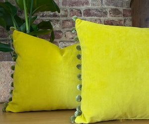 Sunshine Yellow Pom Pom Velvet Cushion