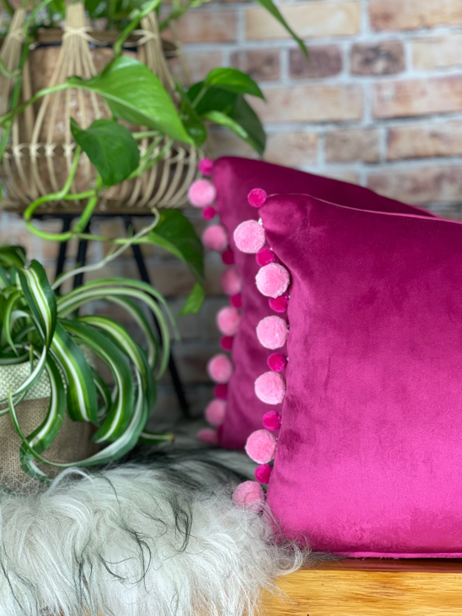 Pink pom pom cushion best sale