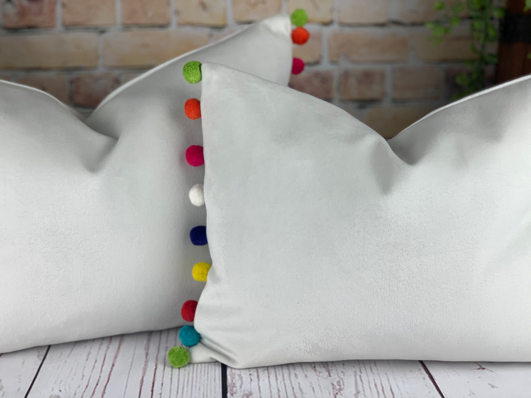 Optic White & Multi Large Pom Pom Velvet Cushion