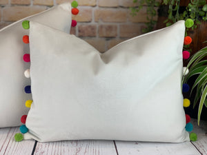 Optic White & Multi Large Pom Pom Velvet Cushion