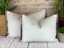 Load image into Gallery viewer, Optic White &amp; Soft Lilac Fringe Velvet Cushion
