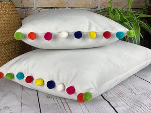 Optic White & Multi Large Pom Pom Velvet Cushion