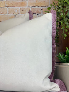 Optic White & Soft Lilac Fringe Velvet Cushion