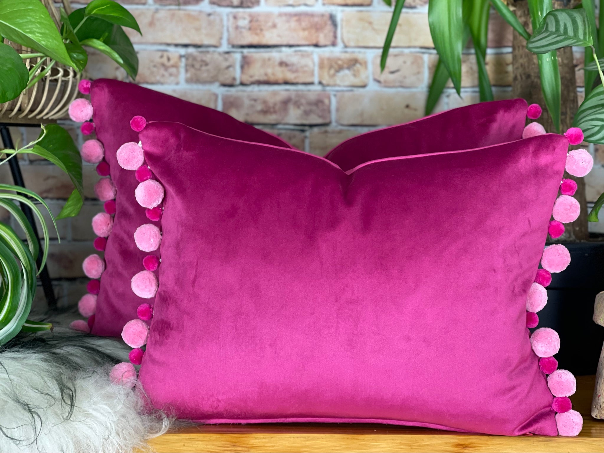 Cerise Pink Velvet Pink Pom Pom Velvet Cushion Lulu Interiors