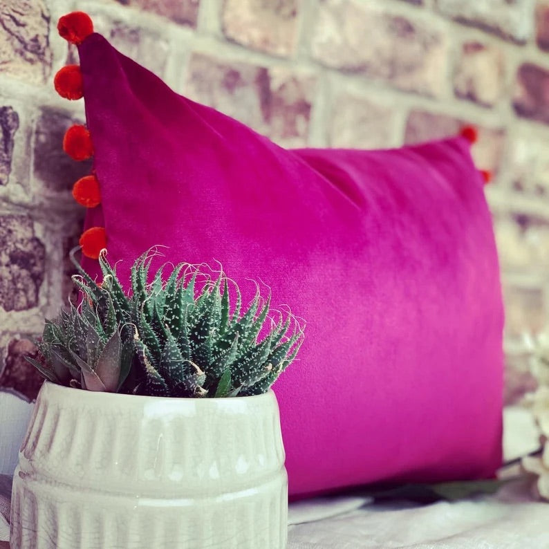 Cerise Pom Pom Velvet Cushion