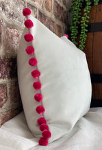 Load image into Gallery viewer, Optic White Velvet Cushion with Pink Pom Poms
