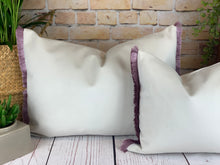 Load image into Gallery viewer, Optic White &amp; Soft Lilac Fringe Velvet Cushion

