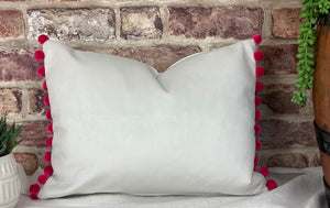 Optic White Velvet Cushion with Pink Pom Poms