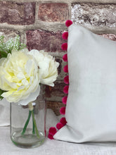 Load image into Gallery viewer, Optic White Velvet Cushion with Pink Pom Poms
